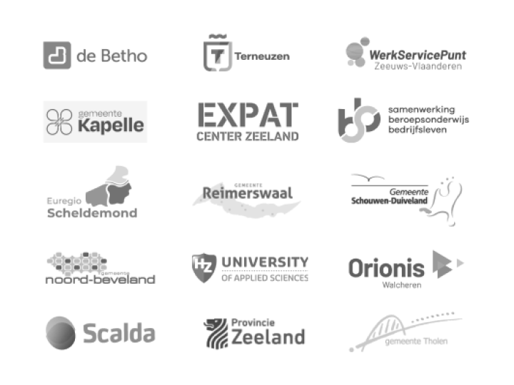 Afbeelding met logo’s van partners. De logo's van de volgende organisaties worden hier van links naar rechts getoond: De Betho, Gemeente Terneuzen, Werkservicepunt Zeeuws-Vlaanderen, Gemeente Kapelle, Expat Center Zeeland, Samenwerkingsorganisatie Beroepsonderwijs Bedrijfsleven, Euregio Scheldemond, Gemeente Reimerswaal, Gemeente Schouwen-Duiveland, Noord-Beveland, HZ University of Applied Sciences, Orionis Walcheren, Scalda, Provincie Zeeland en Gemeente Tholen. 