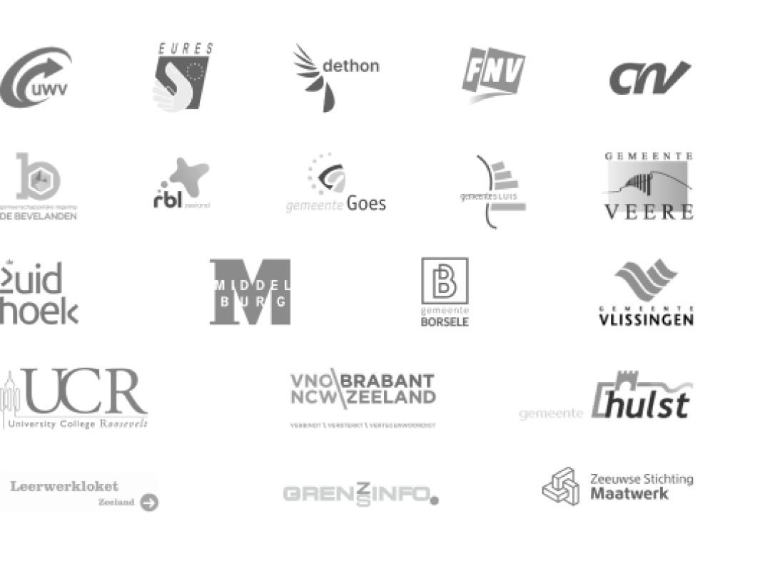Afbeelding met logo’s van partners. De logo's van de volgende organisaties worden hier van links naar rechts getoond: UWV, Eures, Dethon, FNV, CNV, GR de Bevelanden, RBL Zeeland, Gemeente Goes, Gemeente Sluis, Gemeente Veere, De Zuidhoek, Gemeente Middelburg, Gemeente Borsele, Gemeente Vlissingen, University College Roosevelt, VNO-NCW Brabant-Zeeland, Gemeente Hulst, Leerwerkloket Zeeland, Grensinfopunt en Zeeuwse Stichting Maatwerk.
